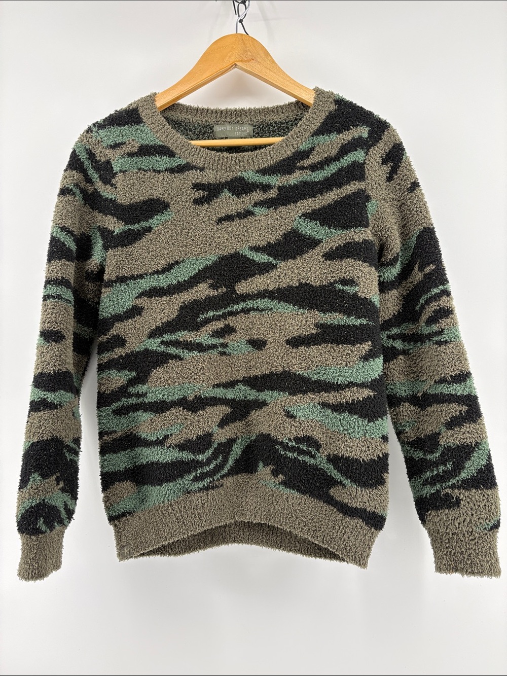 Barefoot Dreams Camouflage Crewneck Sweater in Olive, Black & Sage